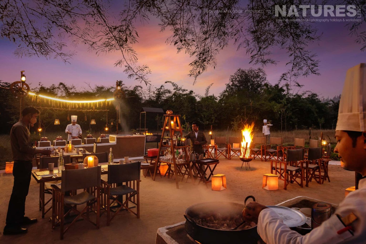External Dining at sunset is one of the options at Bori Safari Lodge