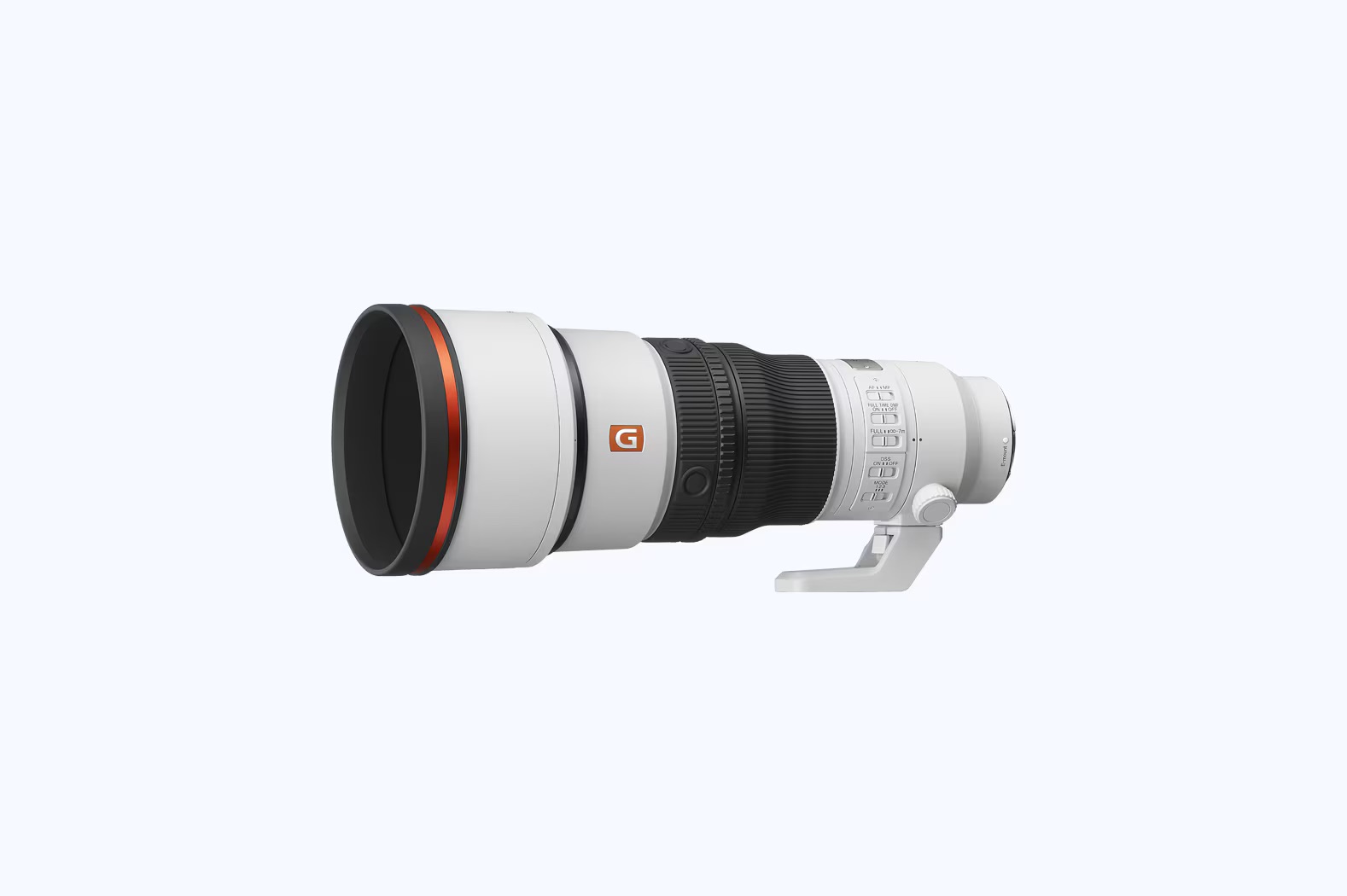 Sony Fe 300Mm F2 8 Gm Oss Front Angle With Hood Front Three-Quarter View Of The Sony Fe 300Mm F2.8 Gm Oss Lens With Its Hood Fitted