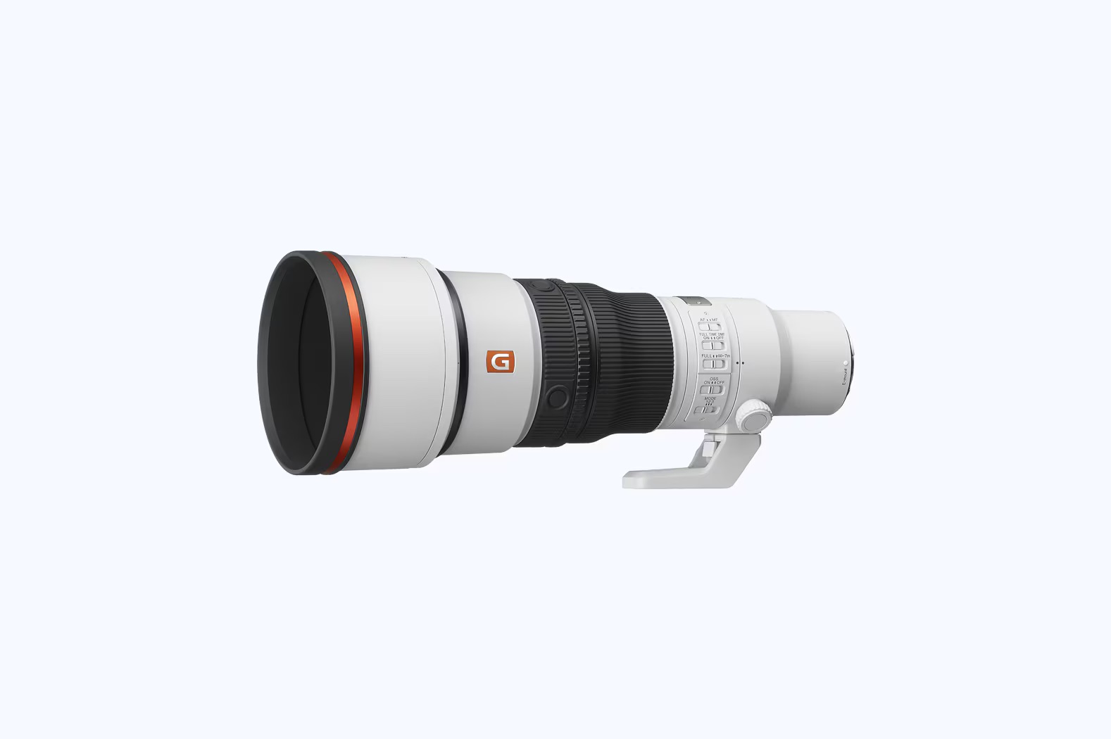 Sony Fe 300Mm F2 8 Gm Oss Front Three Quarter With Hood Sony Fe 300Mm F2.8 Gm Oss Wildlife Telephoto Lens Seen From The Front With The Lens Hood Attached