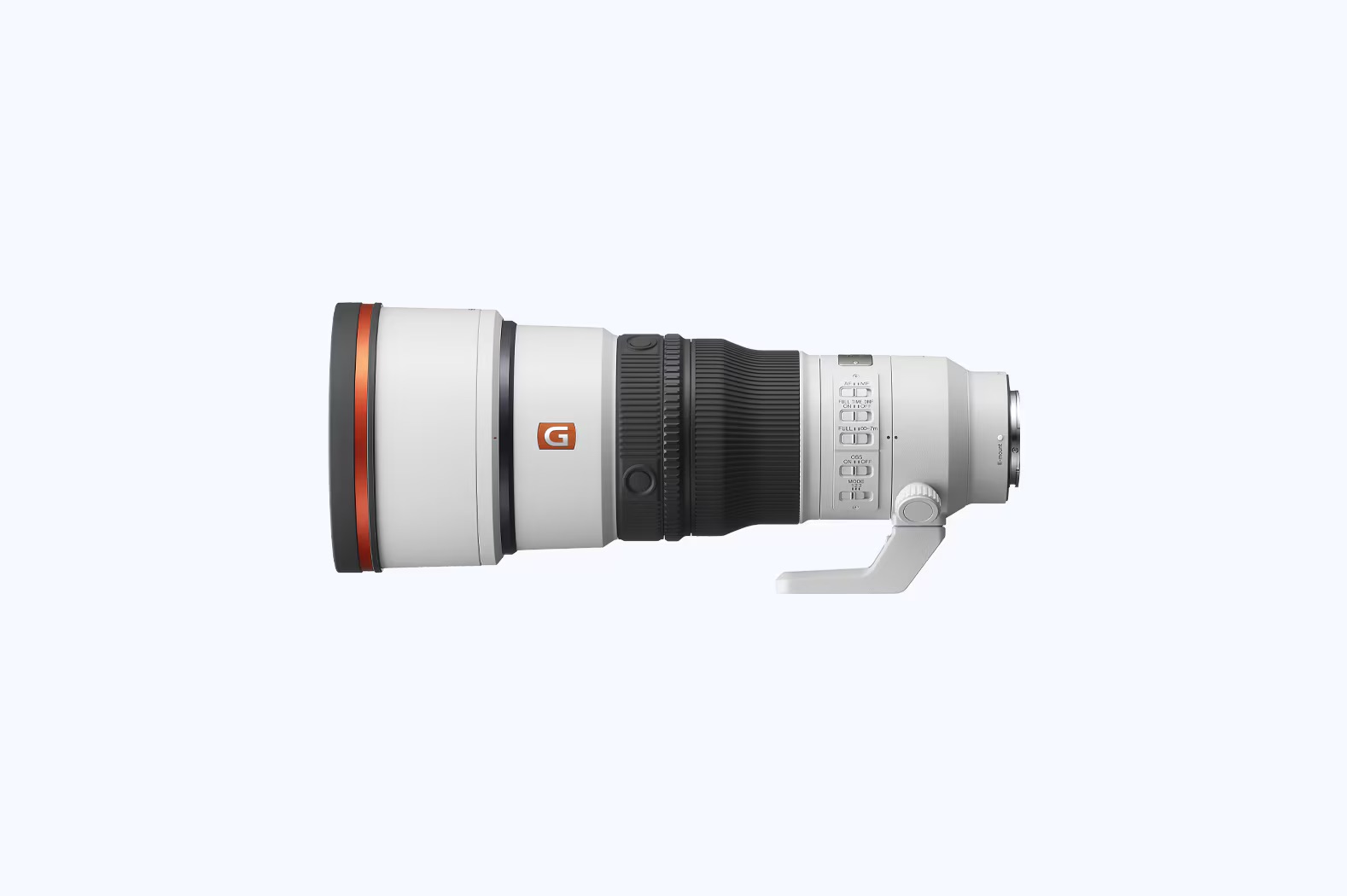 Sony Fe 300Mm F2 8 Gm Oss Side View Hood Fitted Side View Of The Sony Fe 300Mm F2.8 Gm Oss Lens With Hood, Showing The Switch Panel And Tripod Foot
