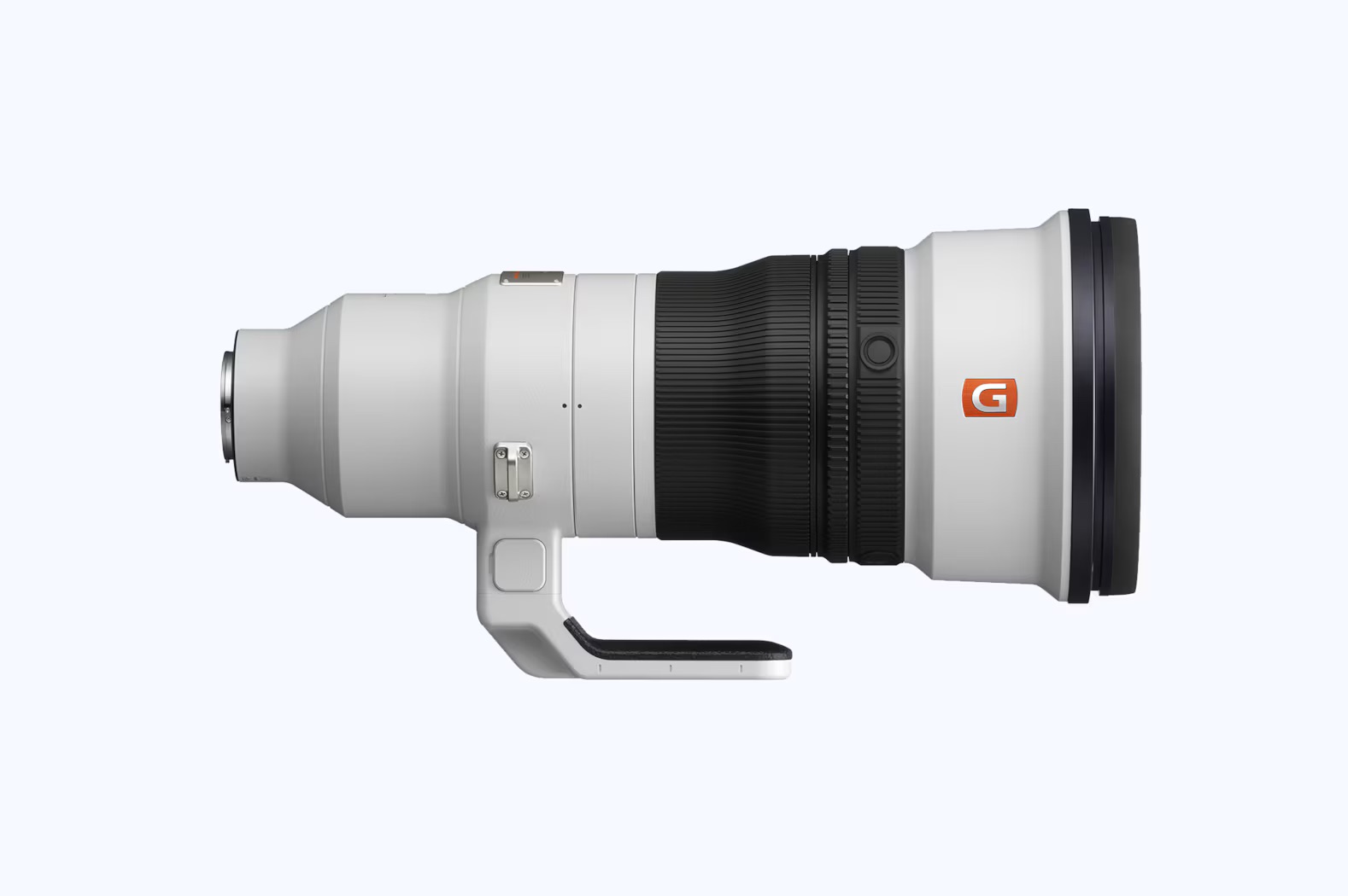 Sony Fe 400Mm F2 8 Gm Side View Side View Of The Sony Fe 400Mm F2.8 Gm Oss Super-Telephoto Lens Showing Its Tripod Foot And Focus Ring