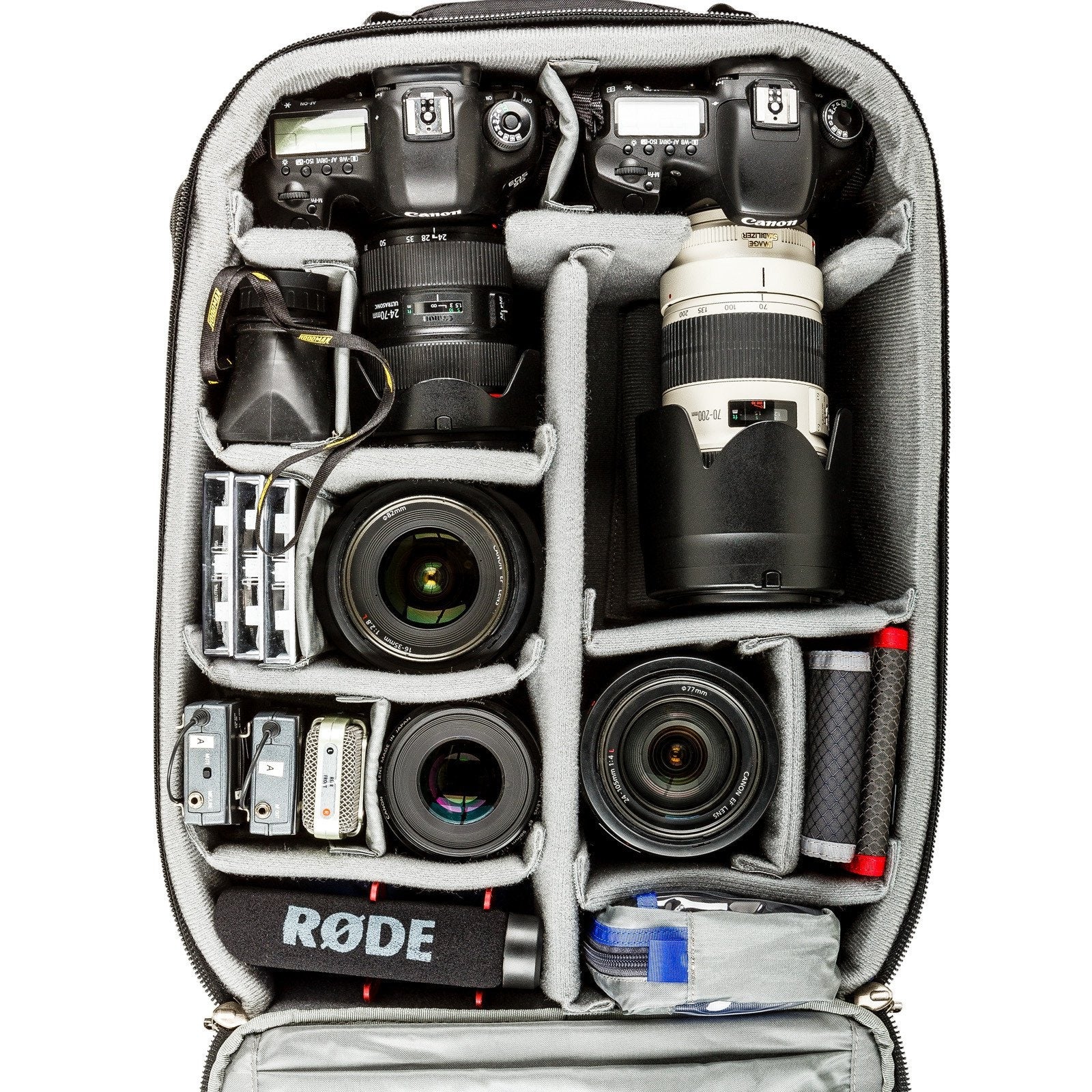 Think Tank Airport Accelerator Packed With Camera Bodies And Lenses Interior Of The Think Tank Airport Accelerator Packed With Camera Bodies, Lenses And Accessories